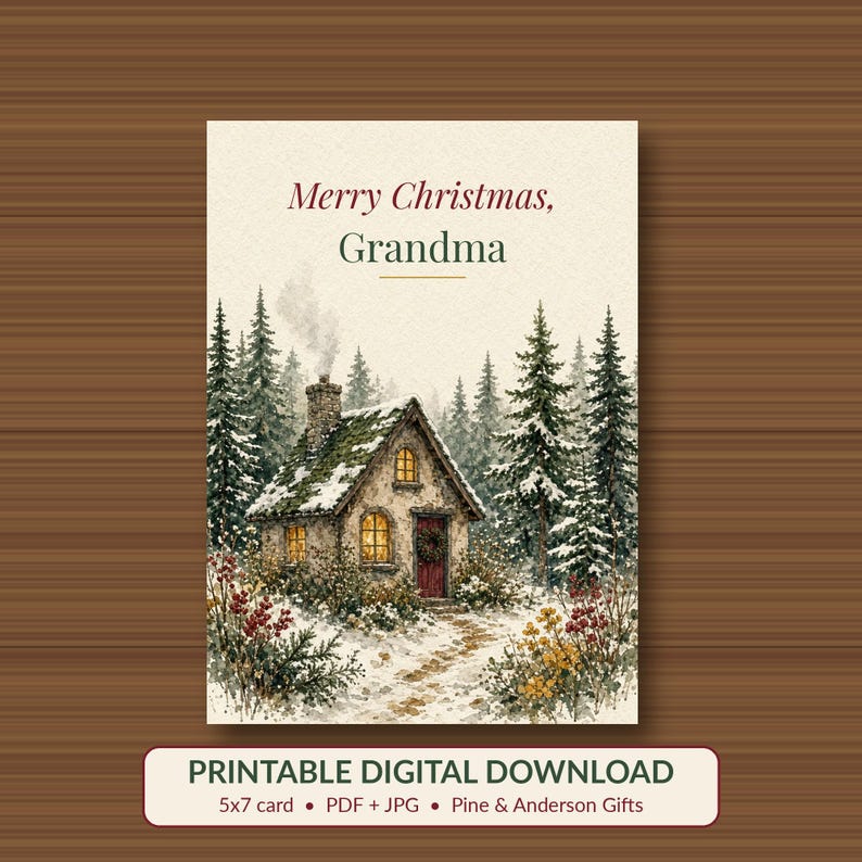 Printable Christmas Card for Grandma, Cozy Cottage, 5x7 image 1