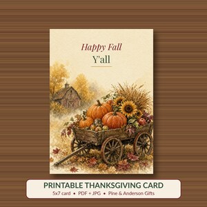Happy Fall Yall Card Printable, Pumpkin Wagon Harvest Card, Rustic Autumn 5x7 image 1
