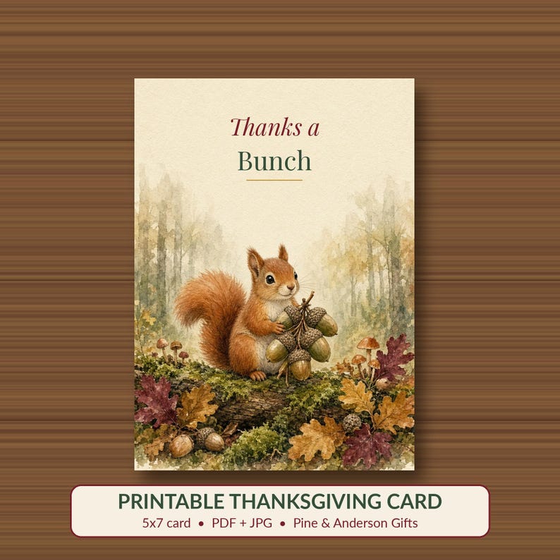 Thanks a Bunch Card Printable, Squirrel and Acorns Thank You Card, Fall Pun 5x7 image 1