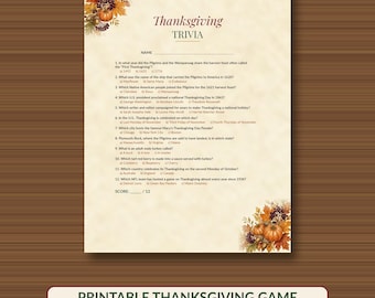 Juego de preguntas y respuestas de Acción de Gracias para imprimir, juego familiar para fiestas de otoño con clave de respuestas.