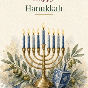 Printable Happy Hanukkah Card, Menorah and Dreidel, 5x7 imagen 2