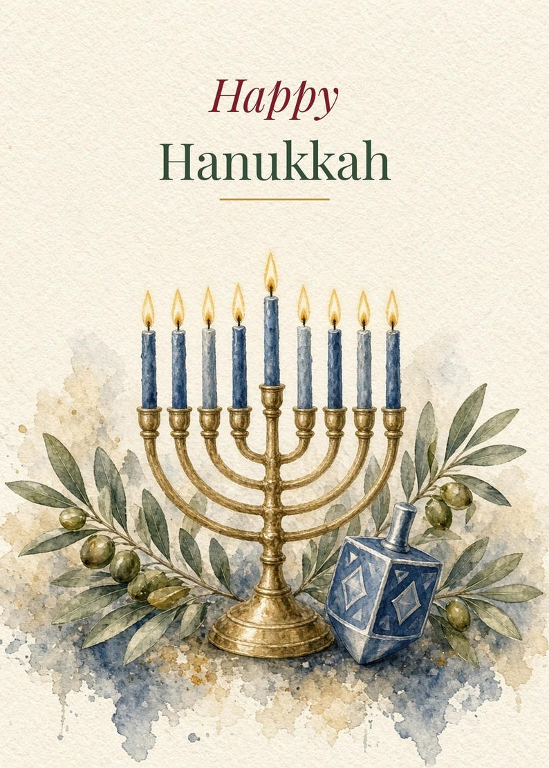 Printable Happy Hanukkah Card, Menorah and Dreidel, 5x7 imagen 2