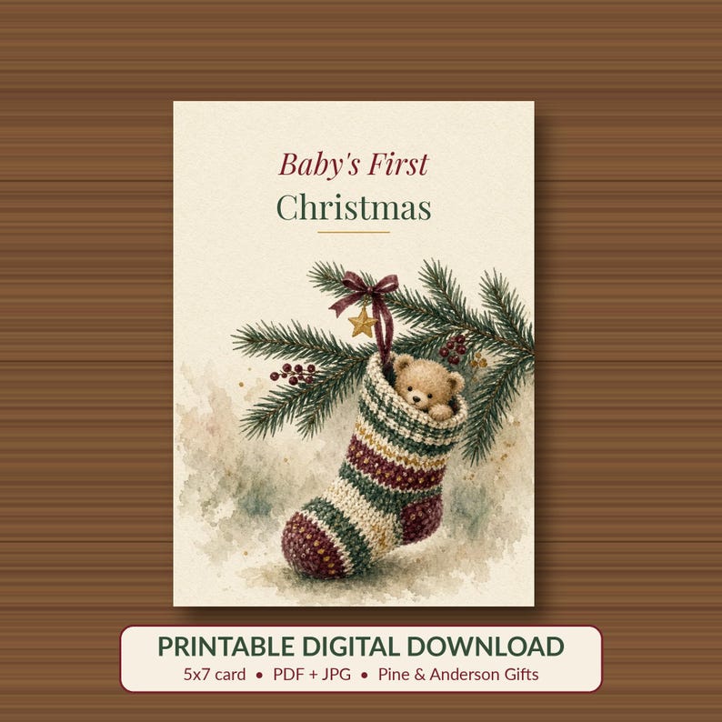 Baby's First Christmas Printable Card, Teddy Stocking, 5x7 image 1