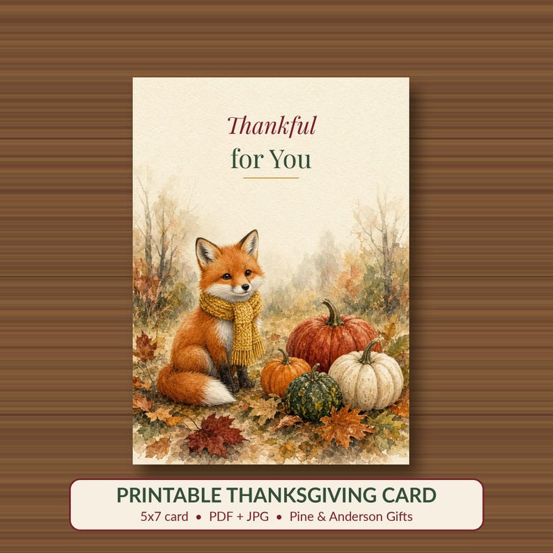 Thankful for You Card Printable, Fox Thanksgiving Card, Fall Watercolor 5x7 image 1