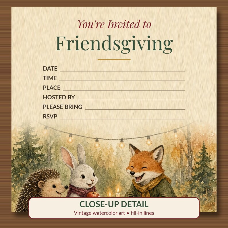 Friendsgiving Invitation Printable, Fill-In Fall Dinner Party Invite, Woodland 5x7 image 2