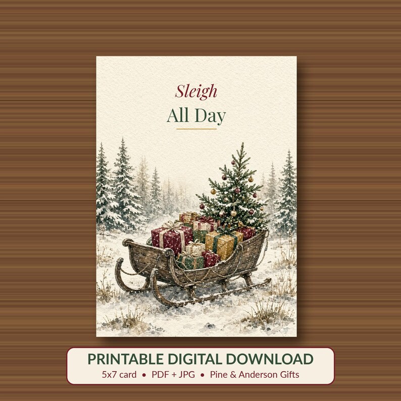 Sleigh All Day Printable Christmas Card, Funny Pun, 5x7 imagen 1