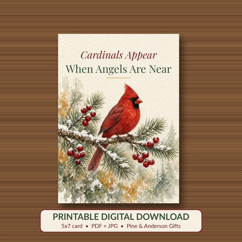 Cardinal Memorial Christmas Card, Printable Sympathy, 5x7 image 1
