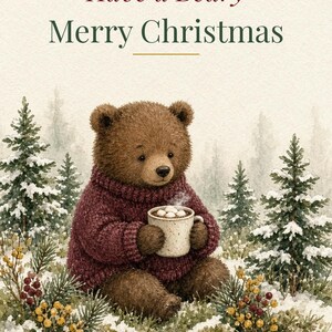 Beary Merry Christmas Printable Card, Cute Bear, 5x7 imagen 2