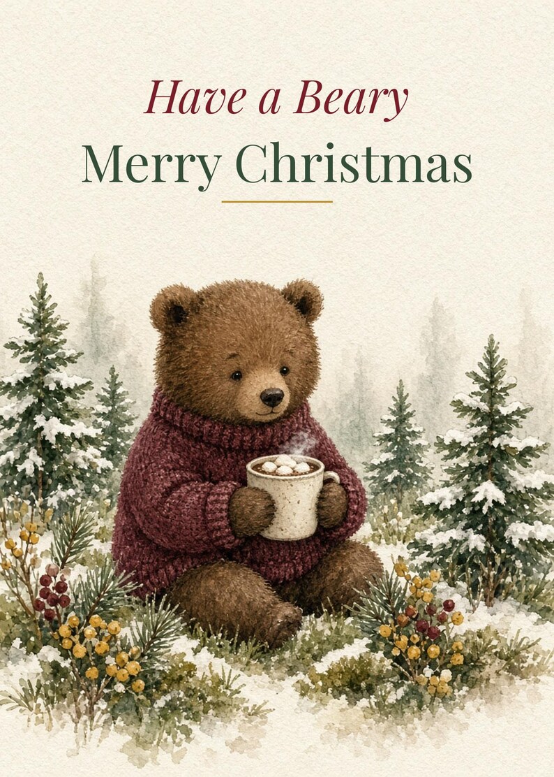 Beary Merry Christmas Printable Card, Cute Bear, 5x7 imagen 2