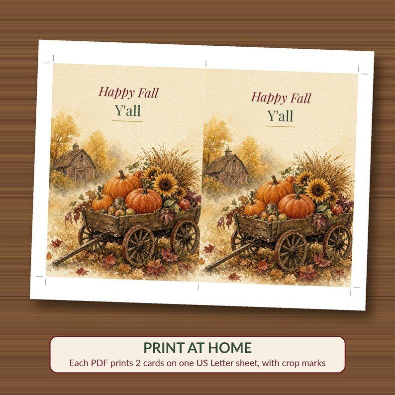 Happy Fall Yall Card Printable, Pumpkin Wagon Harvest Card, Rustic Autumn 5x7 image 3