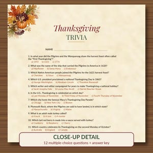 May include: A Thanksgiving trivia game sheet featuring a cream-colored background with an autumn-themed illustration of pumpkins, acorns, and fall leaves in the corner. The text includes eleven multiple-choice questions about the holiday.