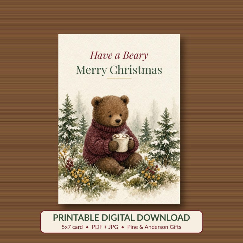 Beary Merry Christmas Printable Card, Cute Bear, 5x7 imagen 1