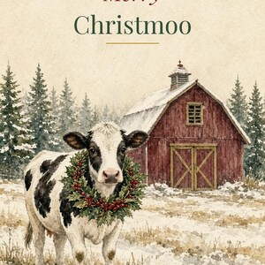 Merry Christmoo Printable Card, Funny Cow Pun, 5x7 imagen 2