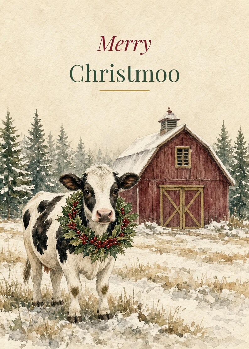 Merry Christmoo Printable Card, Funny Cow Pun, 5x7 imagen 2