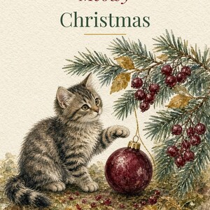 Printable Cat Christmas Card, Meowy Christmas, 5x7 imagen 2