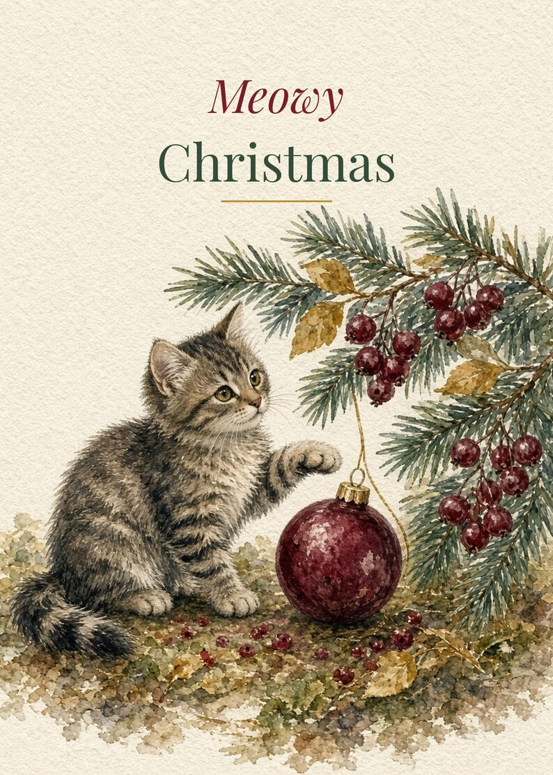 Printable Cat Christmas Card, Meowy Christmas, 5x7 imagen 2