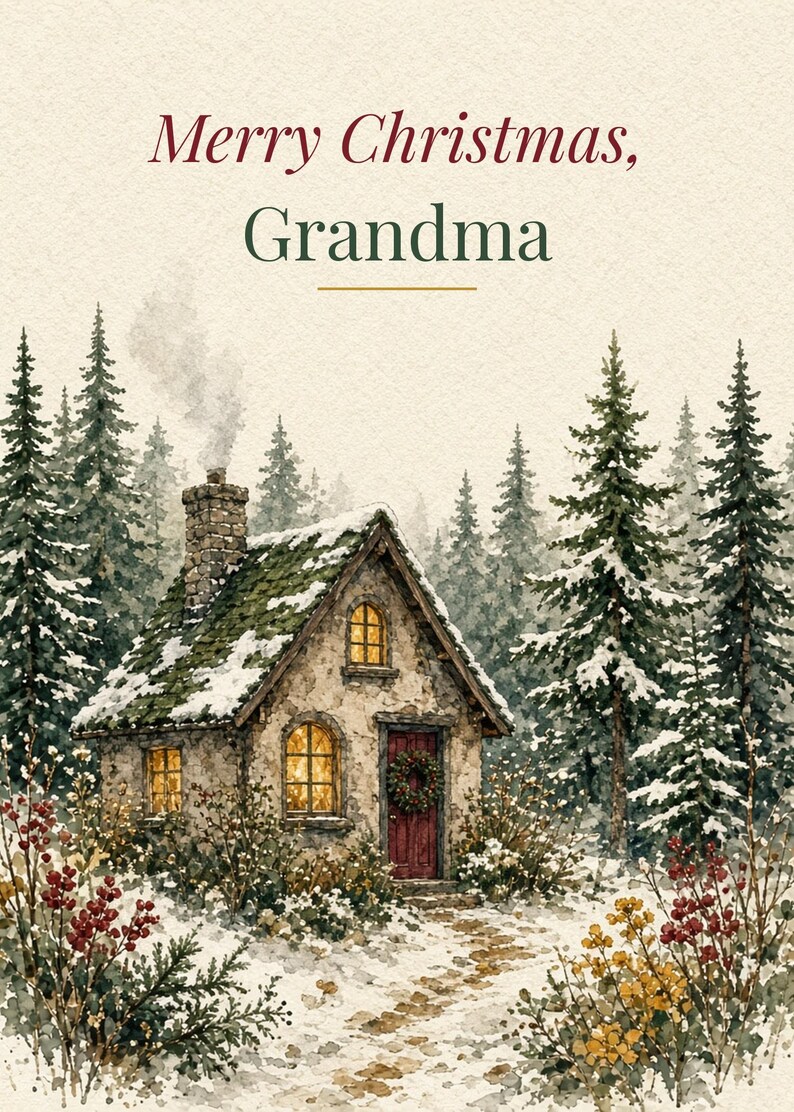Printable Christmas Card for Grandma, Cozy Cottage, 5x7 image 2