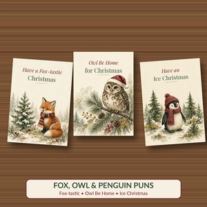 Puede incluir: Tres tarjetas de felicitaci&oacute;n navide&ntilde;as rectangulares con ilustraciones en acuarela de un zorro, un b&uacute;ho y un ping&uuml;ino. Las tarjetas muestran el texto Have a Fox-tastic Christmas, Owl Be Home for Christmas y Have an Ice Christmas con escenas invernales.