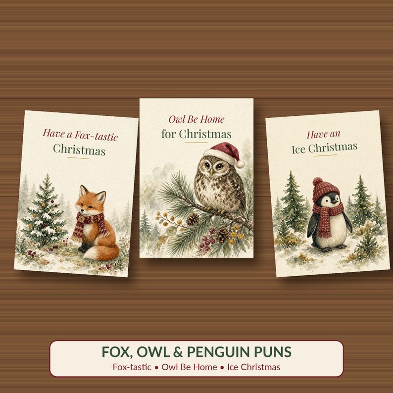 Puede incluir: Tres tarjetas de felicitaci&oacute;n navide&ntilde;as rectangulares con ilustraciones en acuarela de un zorro, un b&uacute;ho y un ping&uuml;ino. Las tarjetas muestran el texto Have a Fox-tastic Christmas, Owl Be Home for Christmas y Have an Ice Christmas con escenas invernales.