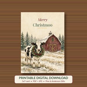 Merry Christmoo Printable Card, Funny Cow Pun, 5x7 imagen 1