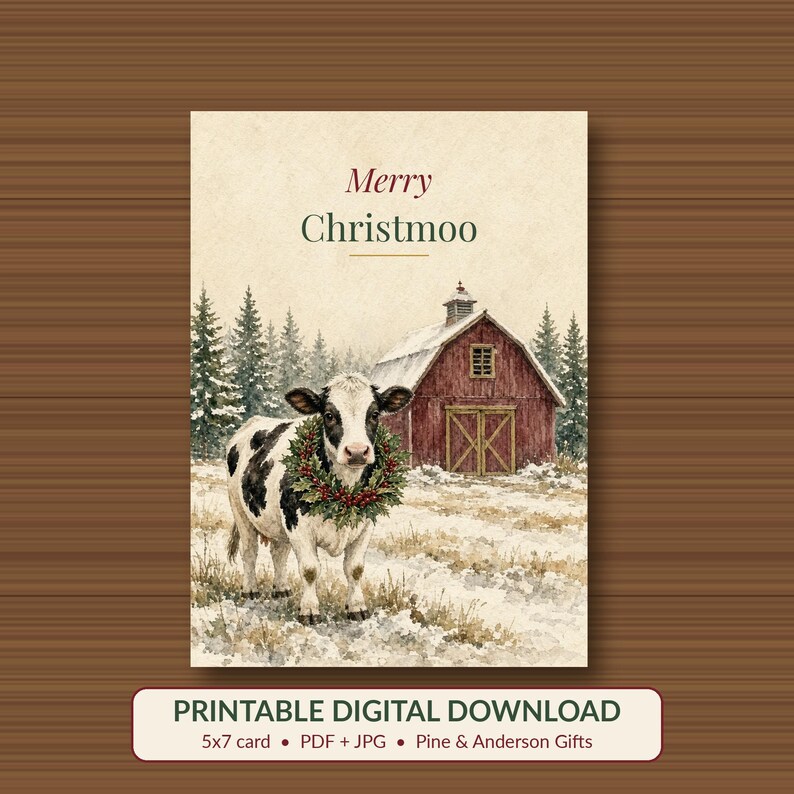 Merry Christmoo Printable Card, Funny Cow Pun, 5x7 imagen 1