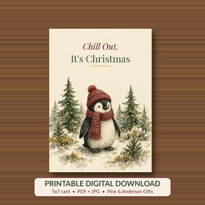 Printable Christmas Card for Coworker, Funny Penguin, 5x7 imagen 1