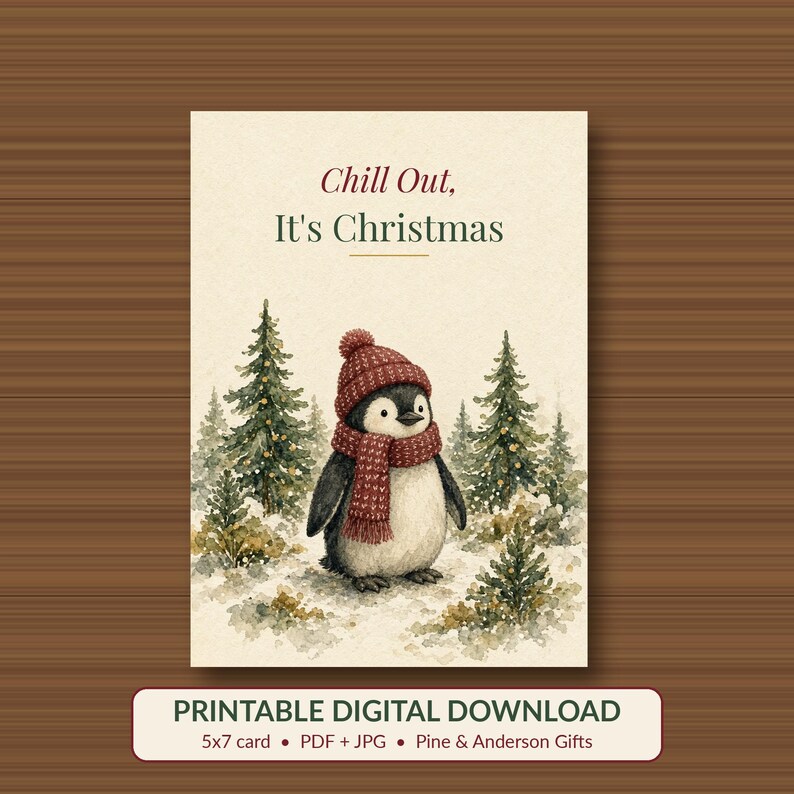 Printable Christmas Card for Coworker, Funny Penguin, 5x7 imagen 1