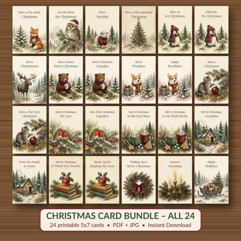 Printable Christmas Card Bundle, 24 Designs, 5x7 imagen 1