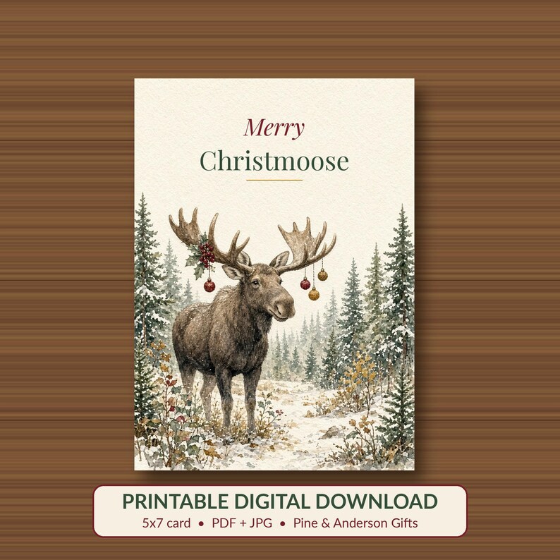 Merry Christmoose Printable Card, Funny Moose Pun, 5x7 imagen 1
