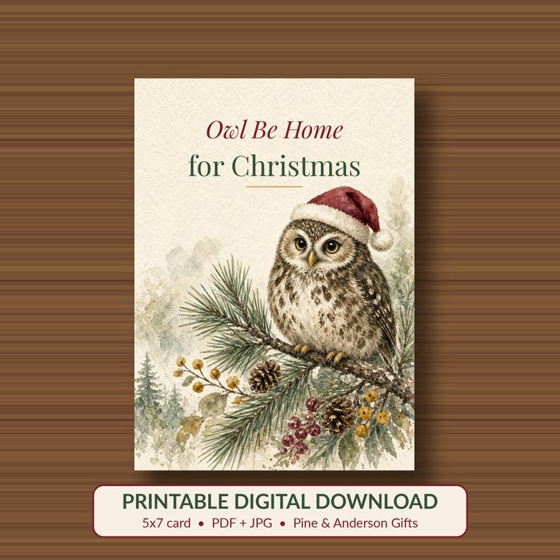 Owl Be Home for Christmas Printable Card, Owl Pun 5x7 image 1