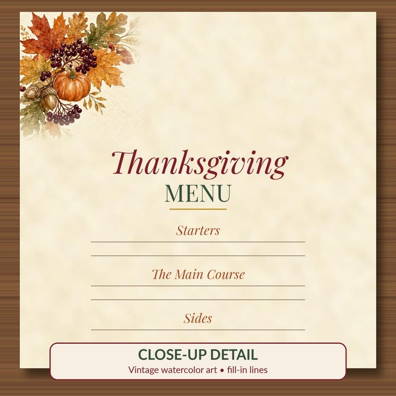 Thanksgiving Menu Card Printable, Fill-In Fall Dinner Menu, Autumn Table Decor 5x7 image 2