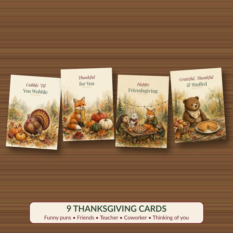May include: Four rectangular greeting cards featuring watercolor illustrations of autumn scenes. The cards display text reading Gobble 'Til You Wobble, Thankful for You, Happy Friendsgiving, and Grateful, Thankful & Stuffed with woodland animals.