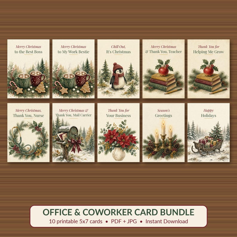 Coworker Christmas Card Bundle Printable, 10 Office Cards for Boss, Teacher, Nurse, Clients & Team, 5x7 Instant Download image 1