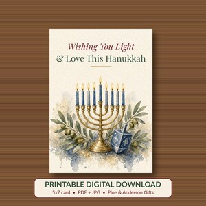 Hanukkah Card Printable, Wishing You Light and Love, 5x7 image 1