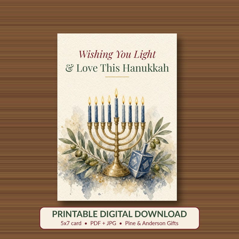 Hanukkah Card Printable, Wishing You Light and Love, 5x7 image 1