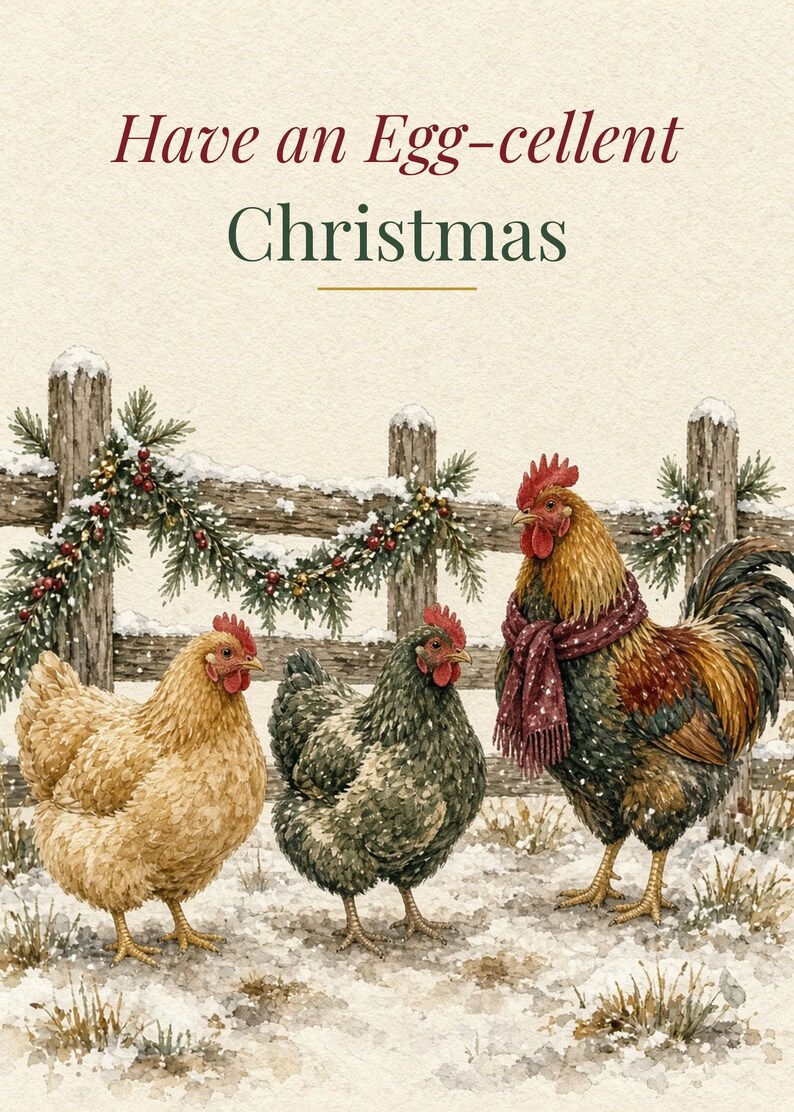 Printable Chicken Christmas Card, Egg Pun, 5x7 imagen 2