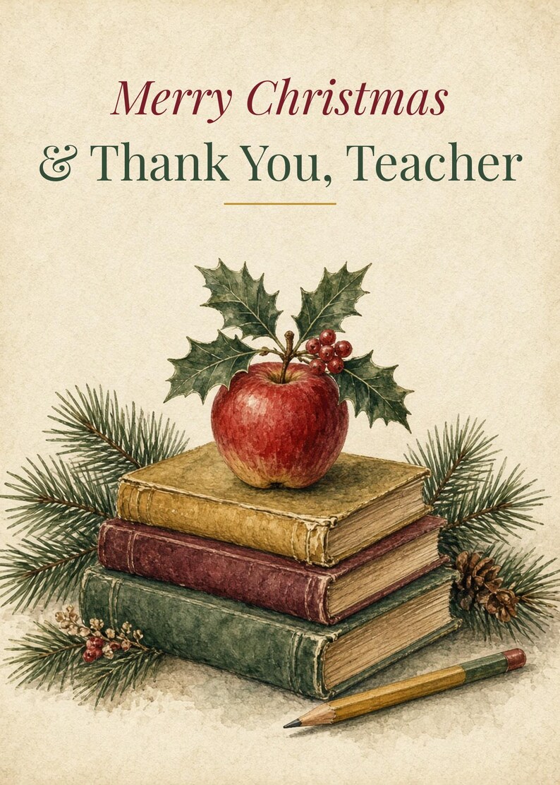 Printable Christmas Card for Teacher, Thank You, 5x7 image 2