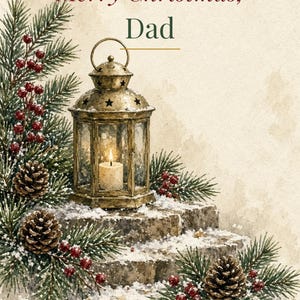 Printable Christmas Card for Dad, Rustic Lantern, 5x7 image 2