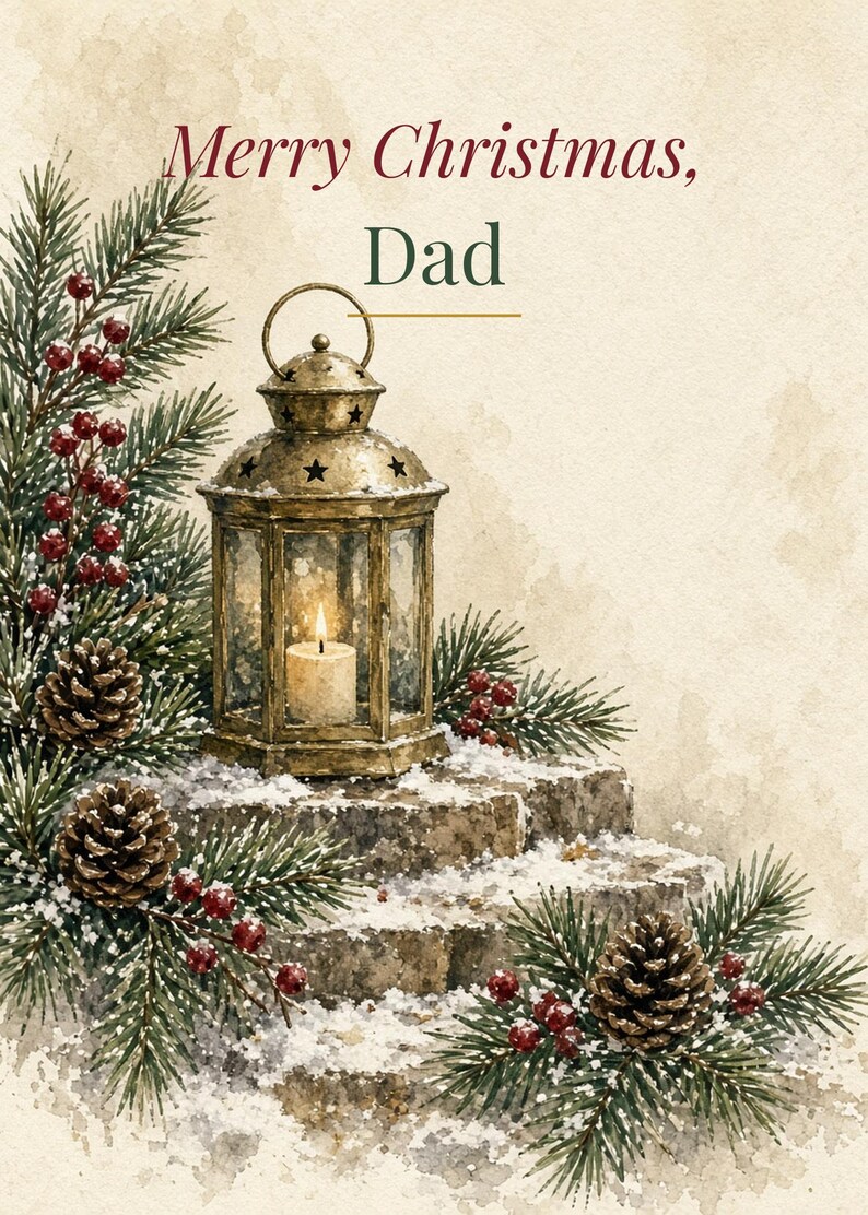 Printable Christmas Card for Dad, Rustic Lantern, 5x7 image 2