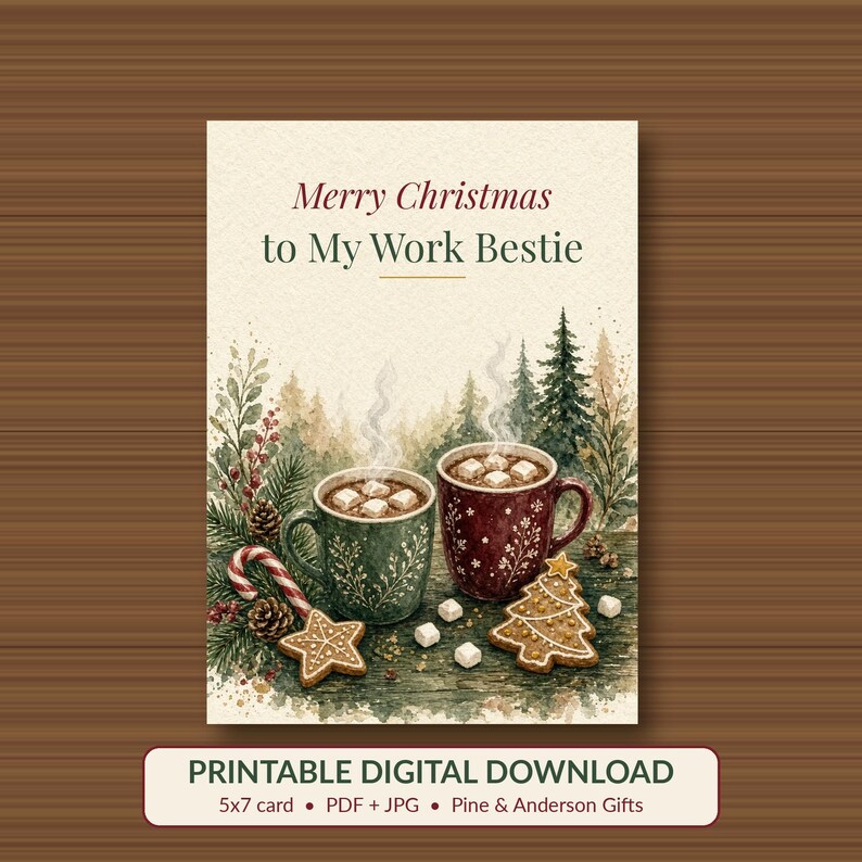 Printable Christmas Card for Work Bestie, Cocoa, 5x7 imagen 1
