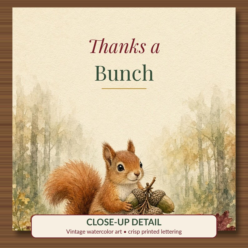 Thanks a Bunch Card Printable, Squirrel and Acorns Thank You Card, Fall Pun 5x7 image 2