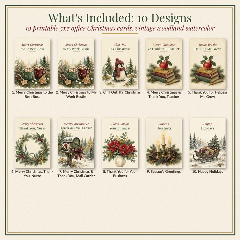 Coworker Christmas Card Bundle Printable, 10 Office Cards for Boss, Teacher, Nurse, Clients & Team, 5x7 Instant Download image 2