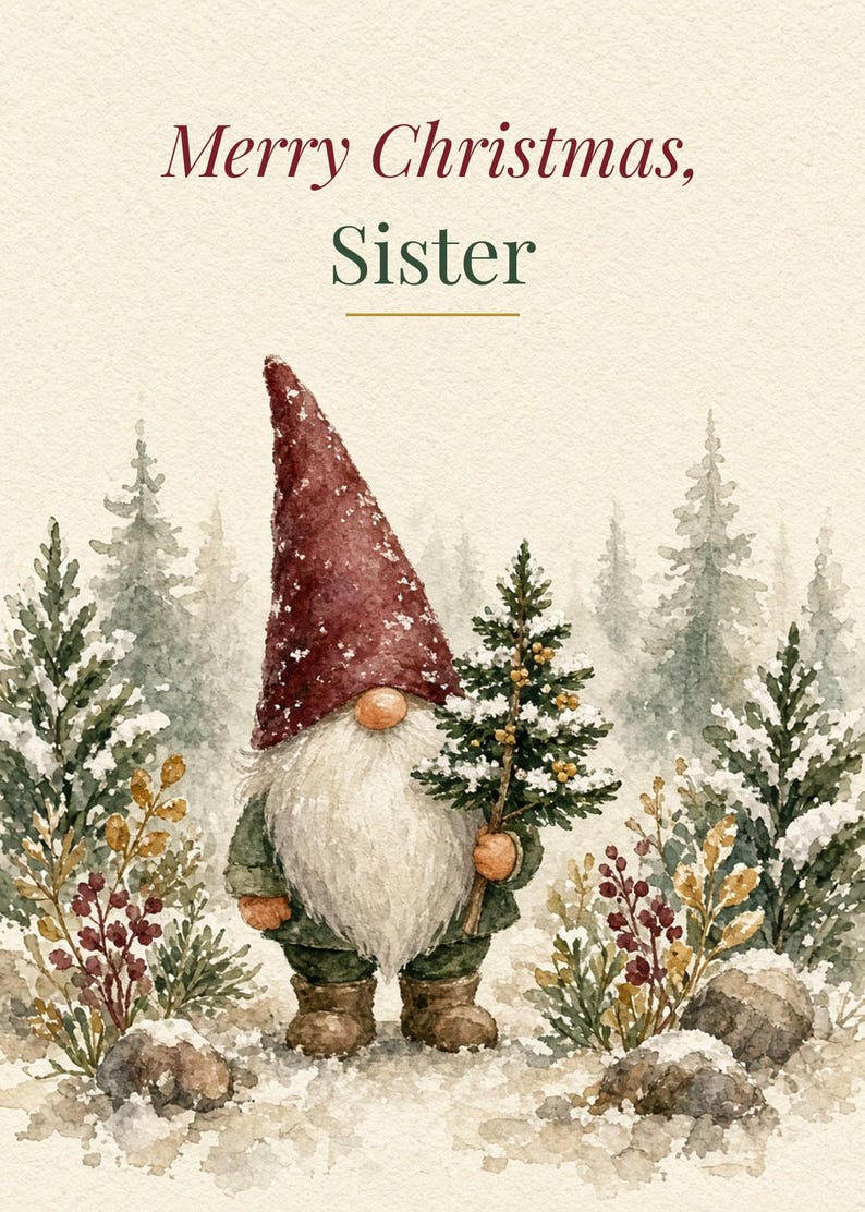 Printable Christmas Card for Sister, Cute Gnome, 5x7 imagen 2
