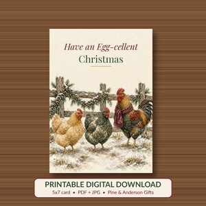 Printable Chicken Christmas Card, Egg Pun, 5x7 imagen 1