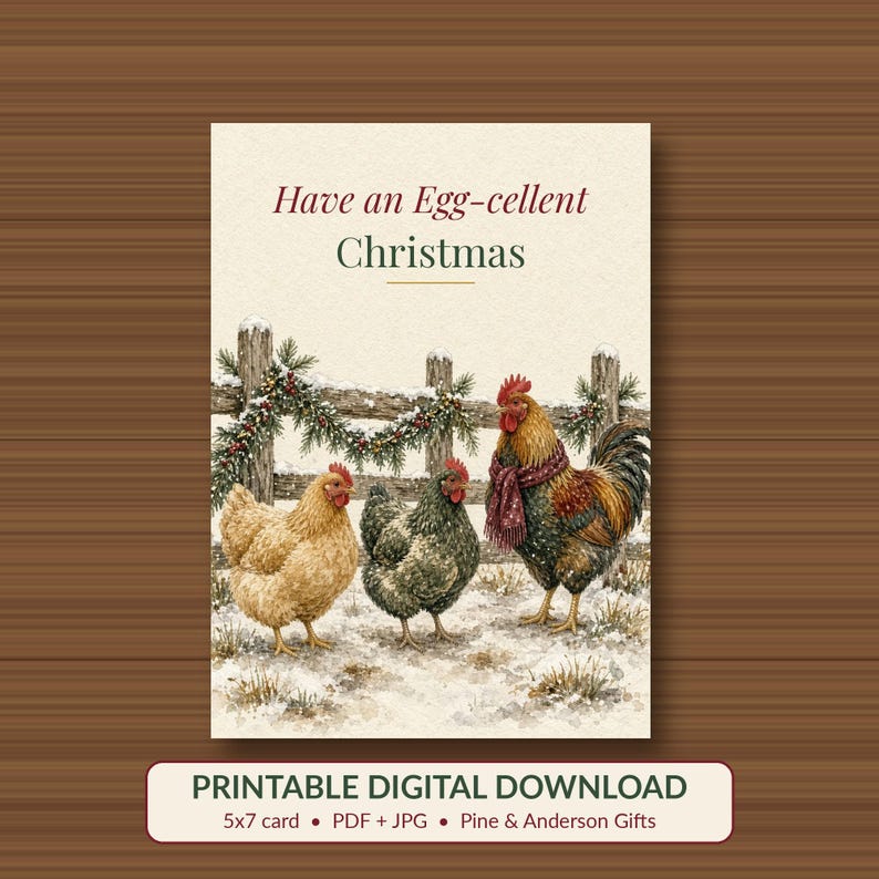 Printable Chicken Christmas Card, Egg Pun, 5x7 imagen 1