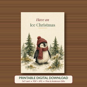 Printable Penguin Christmas Card, Ice Pun, 5x7 image 1