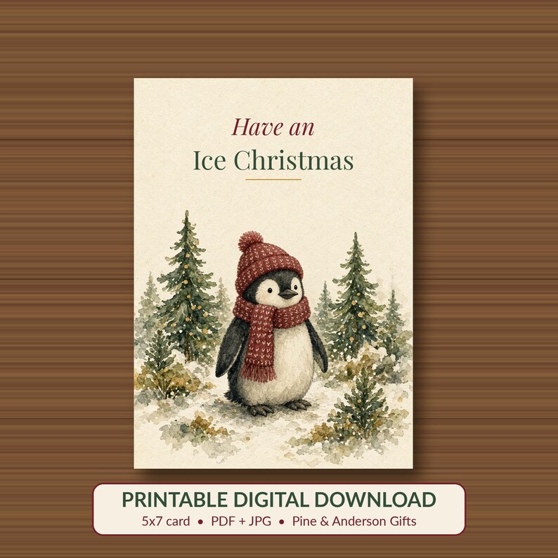 Printable Penguin Christmas Card, Ice Pun, 5x7 image 1