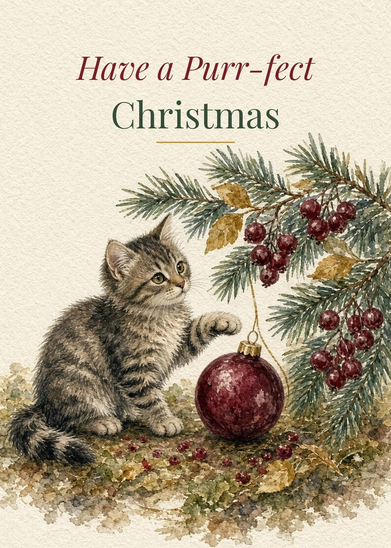 Purrfect Christmas Printable Card, Kitten Ornament, 5x7 image 2