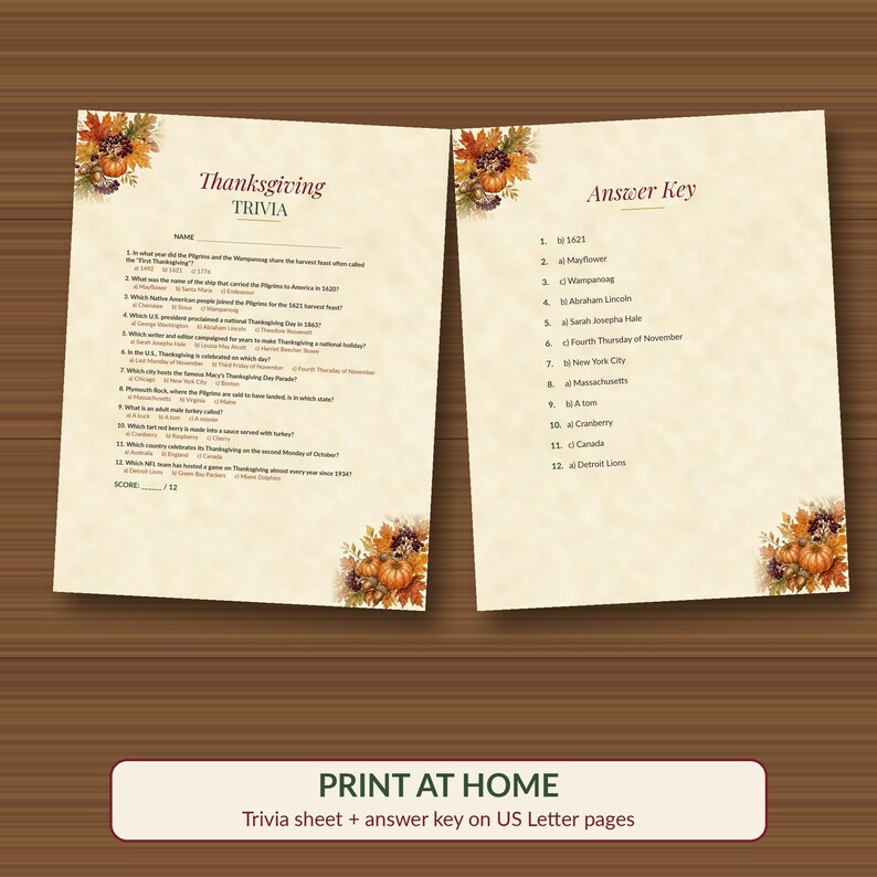 May include: Two off-white paper sheets featuring Thanksgiving Trivia and an Answer Key. Both pages are decorated with autumn-themed illustrations of pumpkins, berries, and fall leaves in the corners. The text includes twelve questions.