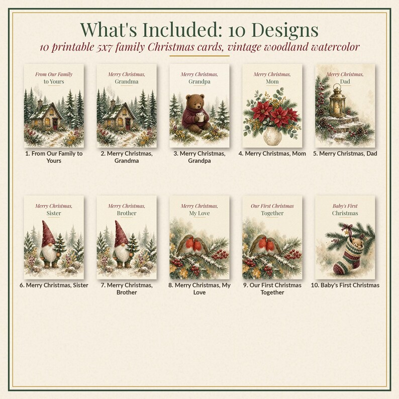 Family Christmas Card Bundle Printable, 10 Cards for Grandma, Grandpa, Mom, Dad, Siblings & Couples, 5x7 Instant Download image 2